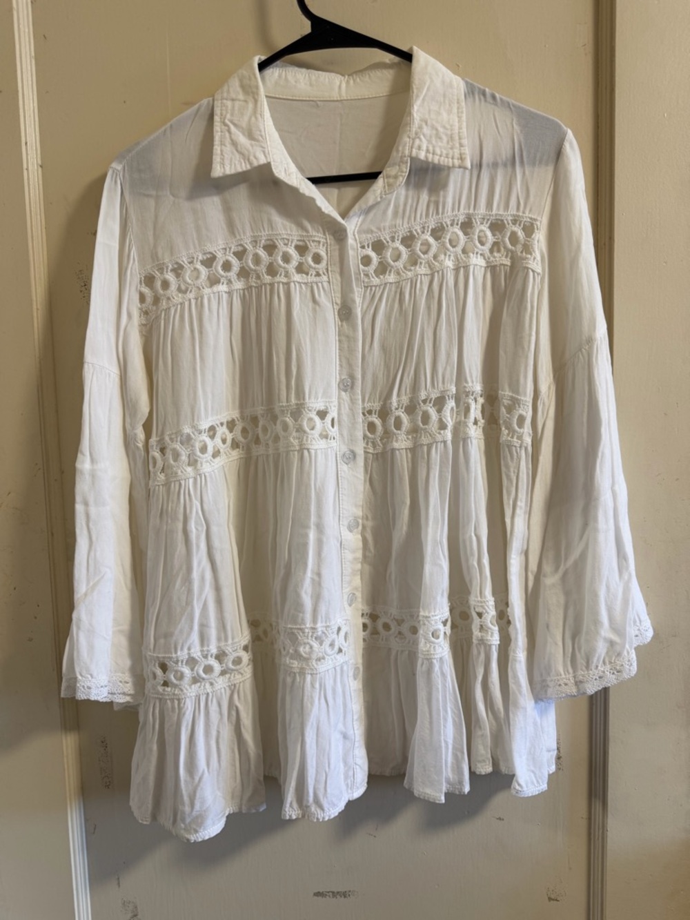 Bohemian White Lace-Trim Button Front Blouse